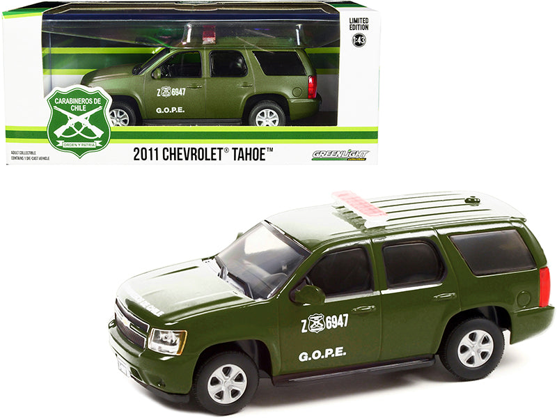 2011 Chevrolet Tahoe Police Car Matt Green "Carabineros de Chile" G.O.P.E. "Grupo de Operaciones Policiales Especiales" 1/43 Diecast Model Car by Greenlight free shipping USA