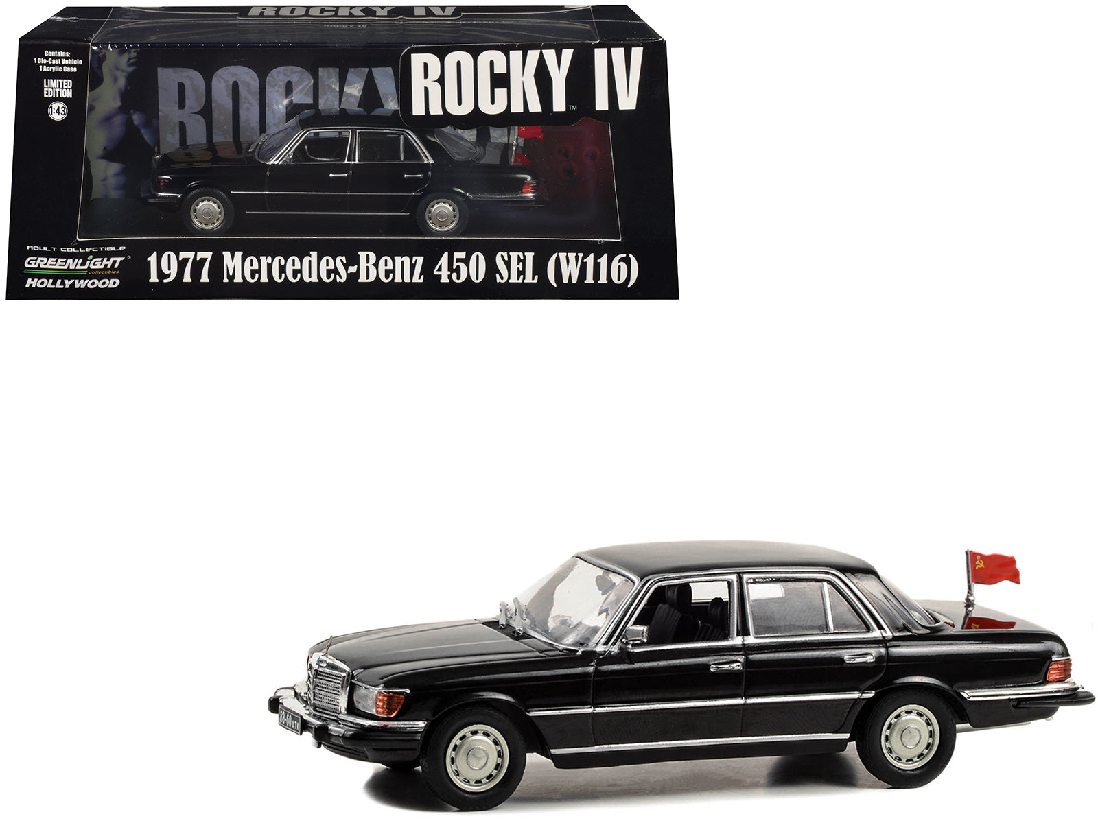 1977 Mercedes-Benz 450 SEL (W116) Black with Soviet Flag "Rocky IV" (1985) Movie 1/43 Diecast Model Car by Greenlight free shipping USA