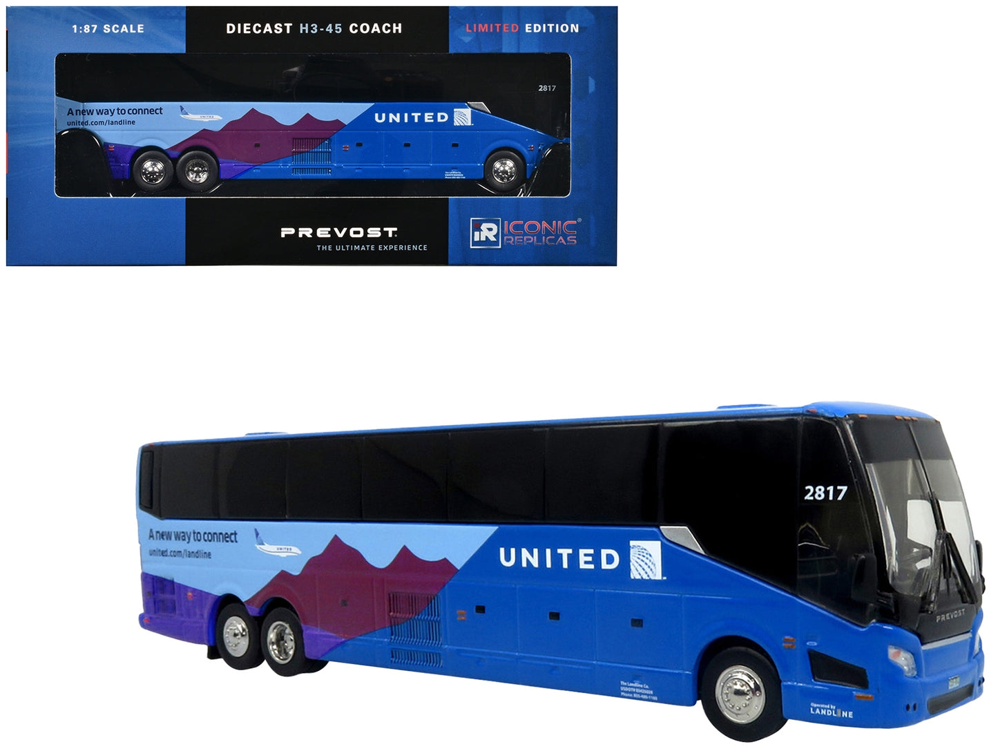 Prevost H3-45 Coach Bus "United Airlines" Blue with Graphics - Premium Bus Models from Iconic Replicas - Just $58.49! Shop now at Rapidvehicles