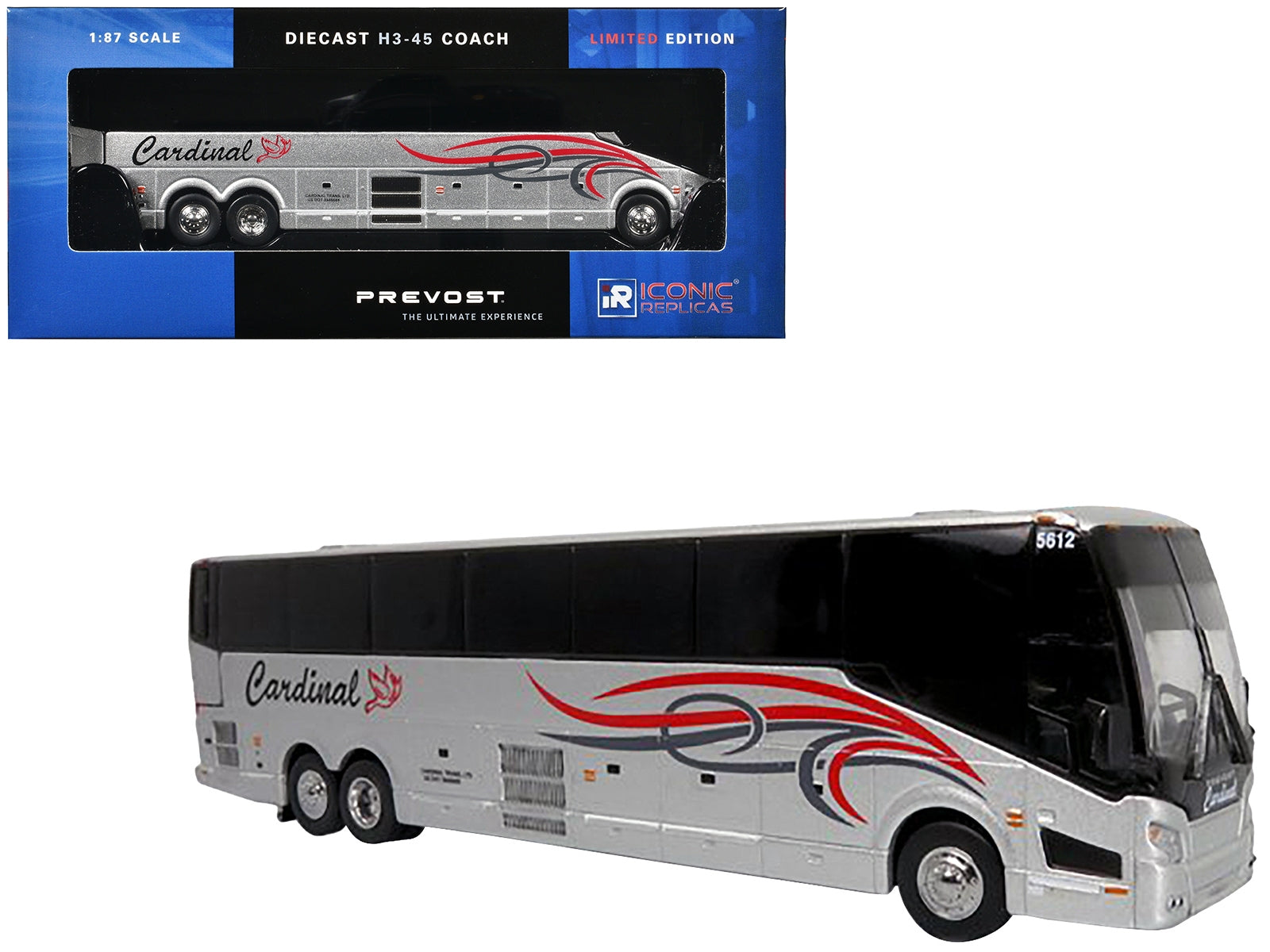 Prevost H3-45 Coach Bus "Cardinal Transportation" Silver Metallic - Premium Bus Models from Iconic Replicas - Just $87.99! Shop now at Rapidvehicles