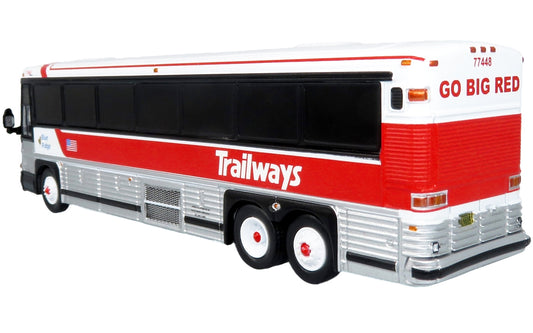 2001 MCI D4000 Coach Bus "Trailways - Blue Ridge" White and Red "Vintage Bus & Motorcoach Collection" Limited Edition to 504 pieces Worldwide 1/87 (HO) Diecast Model by Iconic Replicas - Premium Bus Models from Iconic Replicas - Just $79.99! Shop now at Rapidvehicles