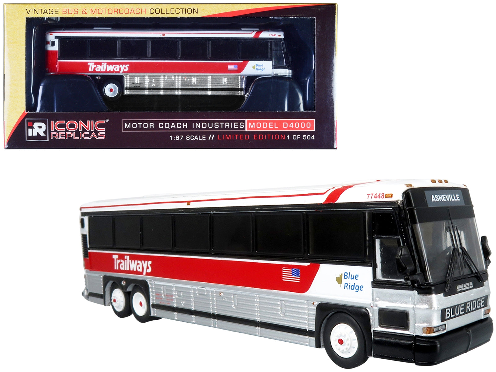 2001 MCI D4000 Coach Bus "Trailways - Blue Ridge" White and Red "Vintage Bus & Motorcoach Collection" Limited Edition to 504 pieces Worldwide 1/87 (HO) Diecast Model by Iconic Replicas - Premium Bus Models from Iconic Replicas - Just $79.99! Shop now at Rapidvehicles