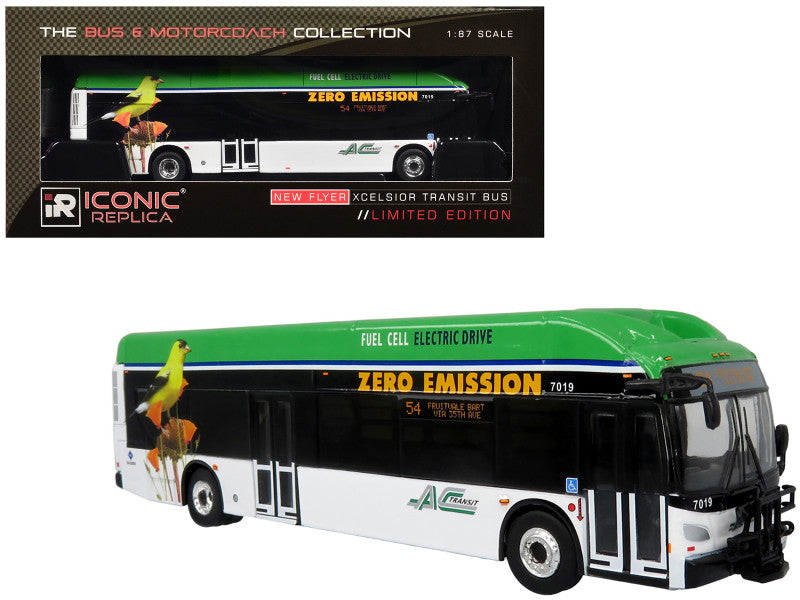 New Flyer Xcelsior XHE40 Transit Bus "AC Transit - Zero Emission" White and Green with Graphics "The Bus & Motorcoach Collection" Limited Edition 1/87 (HO) Diecast Model by Iconic Replicas free shipping USA