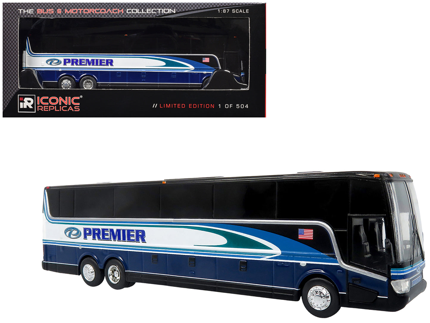 Van Hool TX-45 Motorcoach Bus "Premier Transportation" Blue and Black with Graphics "The Bus and Motorcoach Collection" Limited Edition to 504 pieces Worldwide 1/87 (HO) Diecast Model by Iconic Replicas
