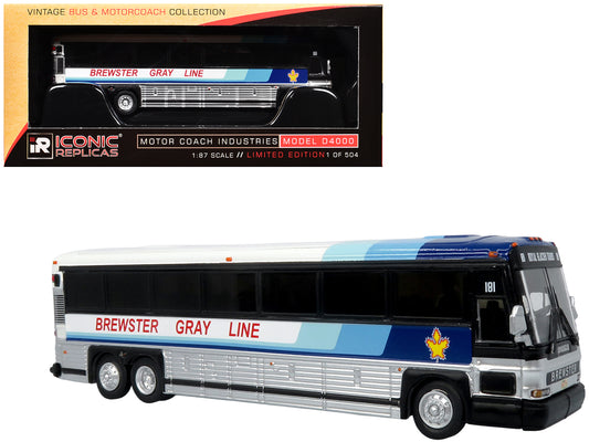 2001 MCI D4000 Coach Bus "Brewster Gray Line" White with Blue Stripes "Vintage Bus & Motorcoach Collection" Limited Edition to 504 pieces Worldwide 1/87 (HO) Diecast Model by Iconic Replicas free shipping USA