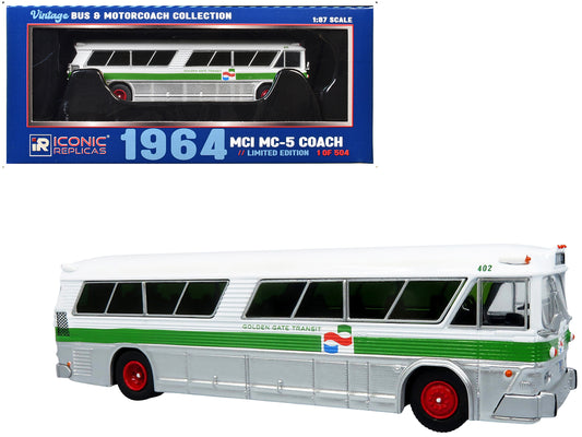 1964 MCI MC-5A Coach Bus "Golden Gate Transit" White with Green Stripes "Vintage Bus & Motorcoach Collection" Limited Edition to 504 pieces Worldwide 1/87 (HO) Diecast Model by Iconic Replicas