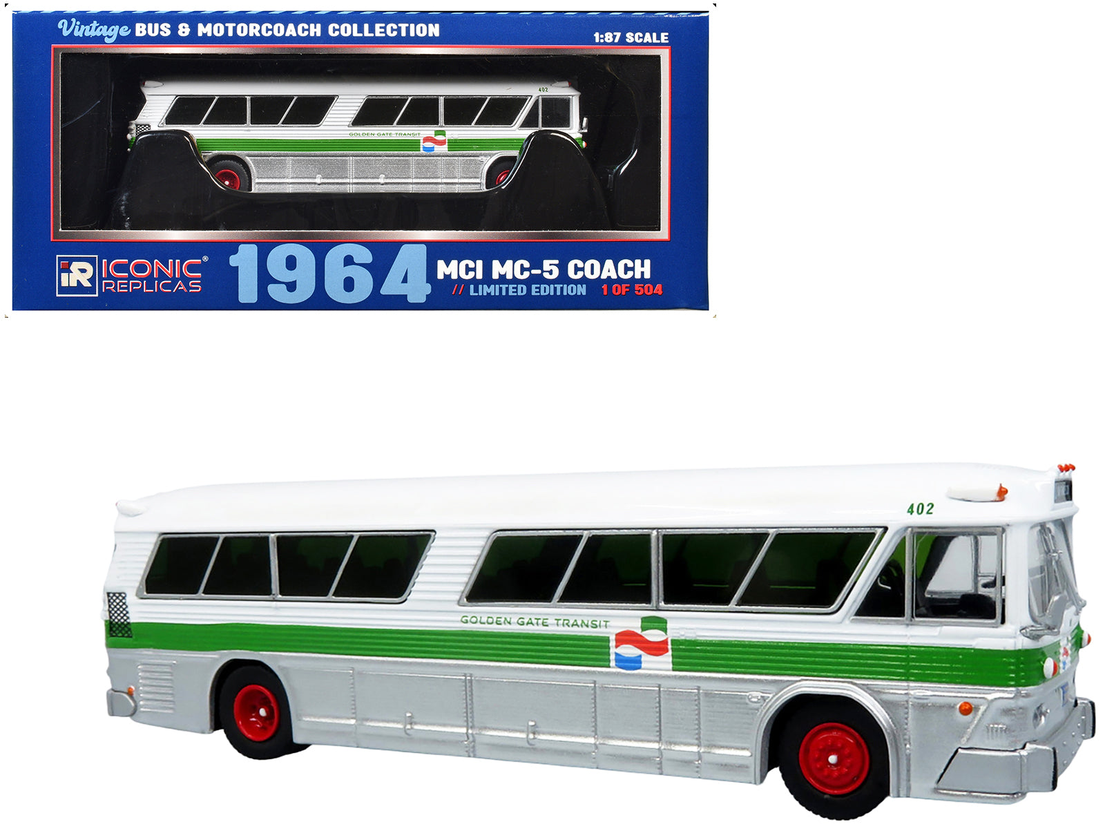 1964 MCI MC-5A Coach Bus "Golden Gate Transit" White with Green Stripes "Vintage Bus & Motorcoach Collection" Limited Edition to 504 pieces Worldwide 1/87 (HO) Diecast Model by Iconic Replicas free shipping USA