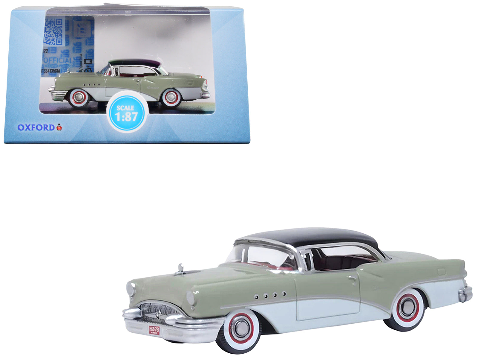 1955 Buick Century Windsor Gray and Dover White with Carlsbad Black Top 1/87 (HO) Scale Diecast Model Car by Oxford Diecast free shipping USA