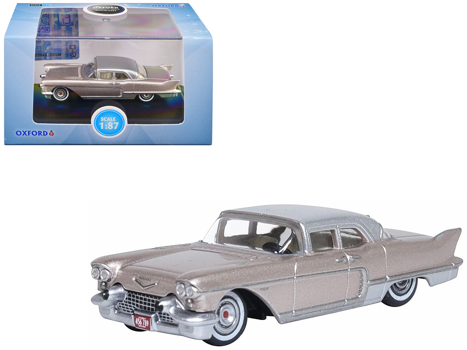 1957 Cadillac Eldorado Brougham Sandalwood Beige Metallic with Silver Top 1/87 (HO) Scale Diecast Model Car by Oxford Diecast free shipping USA
