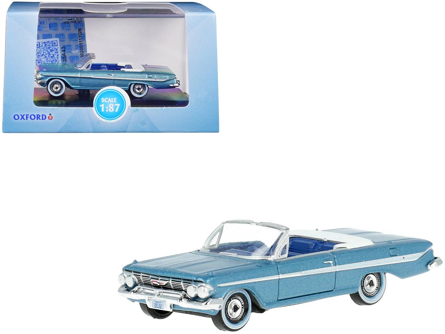 1961 Chevrolet Impala Convertible Jewel Blue Metallic and White with Blue Interior 1/87 (HO) Scale Diecast Model Car by Oxford Diecast - Premium Chevrolet Models from Oxford Diecast - Just $35.99! Shop now at Rapidvehicles