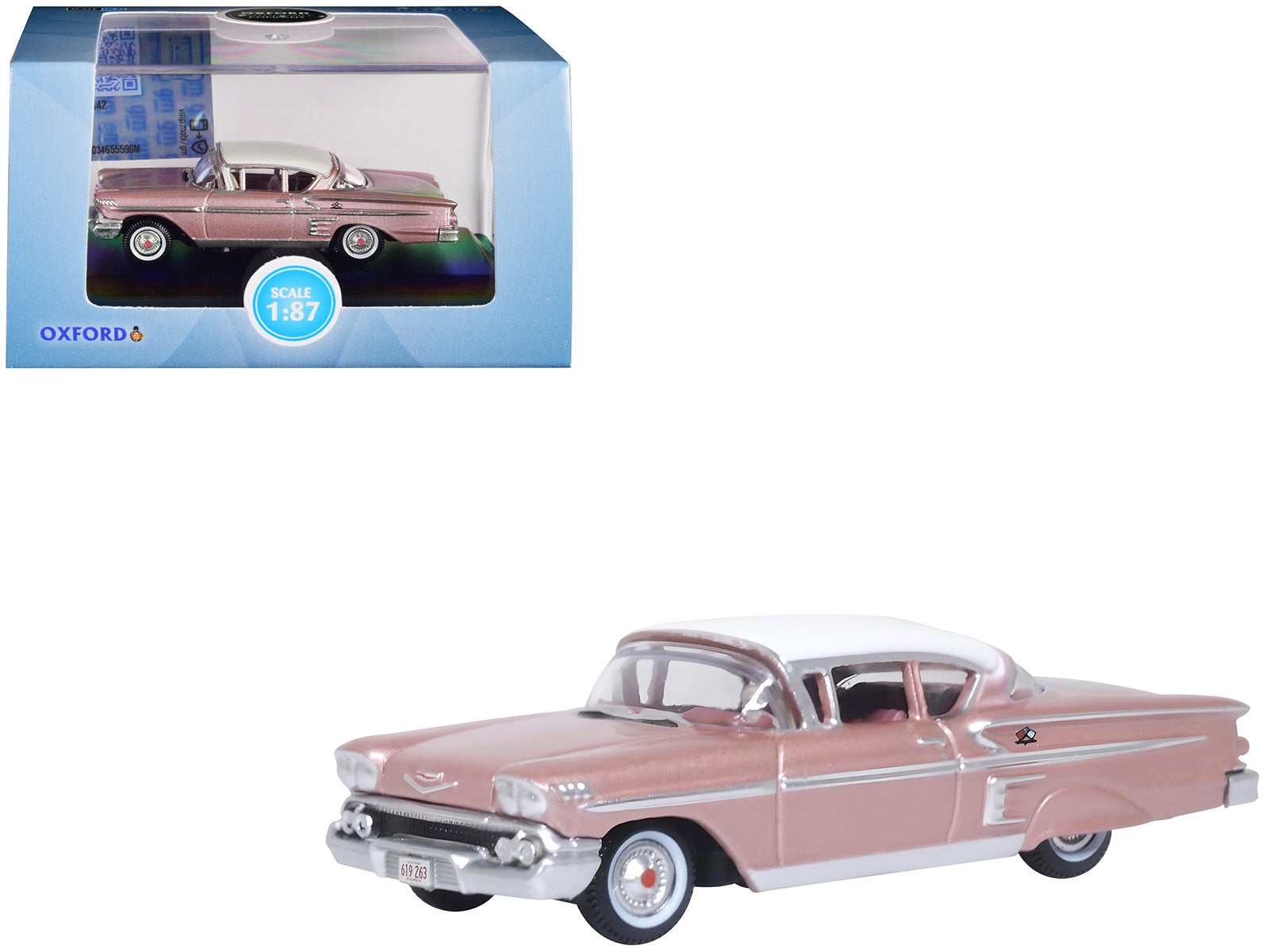 1958 Chevrolet Impala Sport Cay Coral Pink Metallic with White Top 1/87 (HO) Scale Diecast Model Car by Oxford Diecast free shipping USA