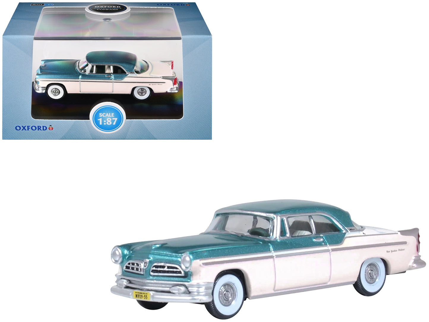 1955 Chrysler New Yorker Deluxe St. Regis Jade Green Metallic and Cream 1/87 (HO) Scale Diecast Model Car by Oxford Diecast