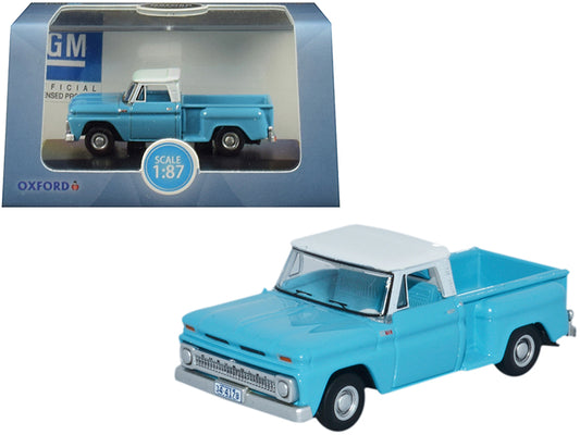 1965 Chevrolet C10 Stepside Pickup Truck Light Blue with White Top 1/87 (HO) Scale Diecast Model Car by Oxford Diecast free shipping USA