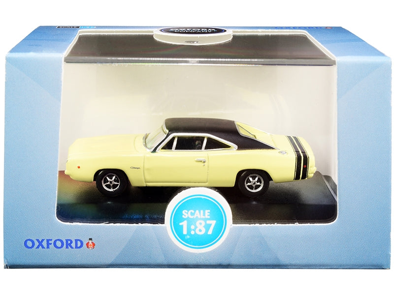 1968 Dodge Charger Light Yellow with Black Top and Black Stripes - Premium Dodge Models from Oxford Diecast - Just $36.89! Shop now at Rapidvehicles