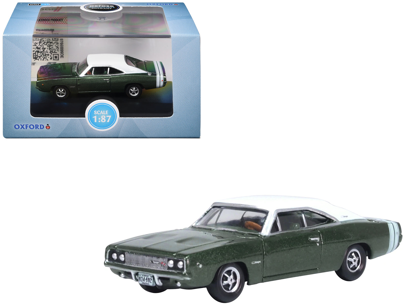 1968 Dodge Charger Racing Green Metallic with White Top and Tail Stripe 1/87 (HO) Scale Diecast Model Car by Oxford Diecast free shipping USA