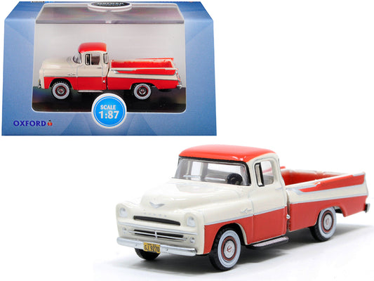 1957 Dodge D100 Sweptside Pickup Truck Tropical Coral and Glacier White 1/87 (HO) Scale Diecast Model Car by Oxford Diecast free shipping USA