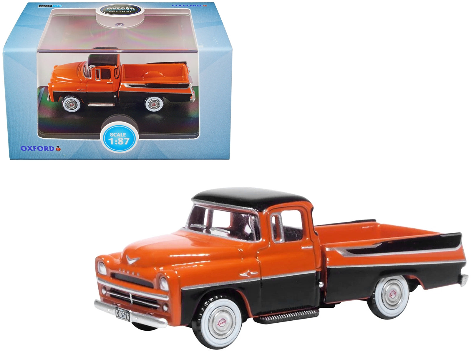 1957 Dodge D100 Sweptside Pickup Truck Omaha Orange and Jewel Black 1/87 (HO) Scale Diecast Model Car by Oxford Diecast - Premium Pickup Trucks Models from Oxford Diecast - Just $28.99! Shop now at Rapidvehicles