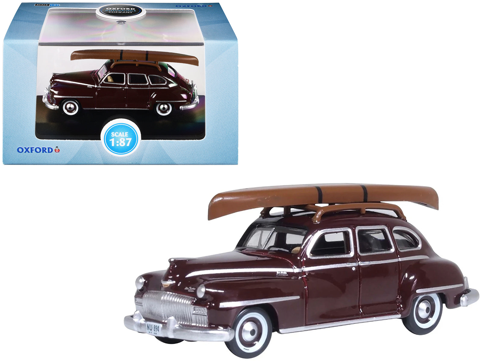 1946 DeSoto Suburban with Roof Rack and Canoe Royal Maroon 1/87 (HO) Scale Diecast Model Car by Oxford Diecast free shipping USA