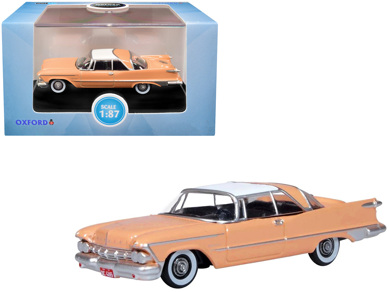 1959 Chrysler Imperial Crown 2 Door Hardtop Persian Pink with White Top 1/87 (HO) Scale Diecast Model Car by Oxford Diecast free shipping USA