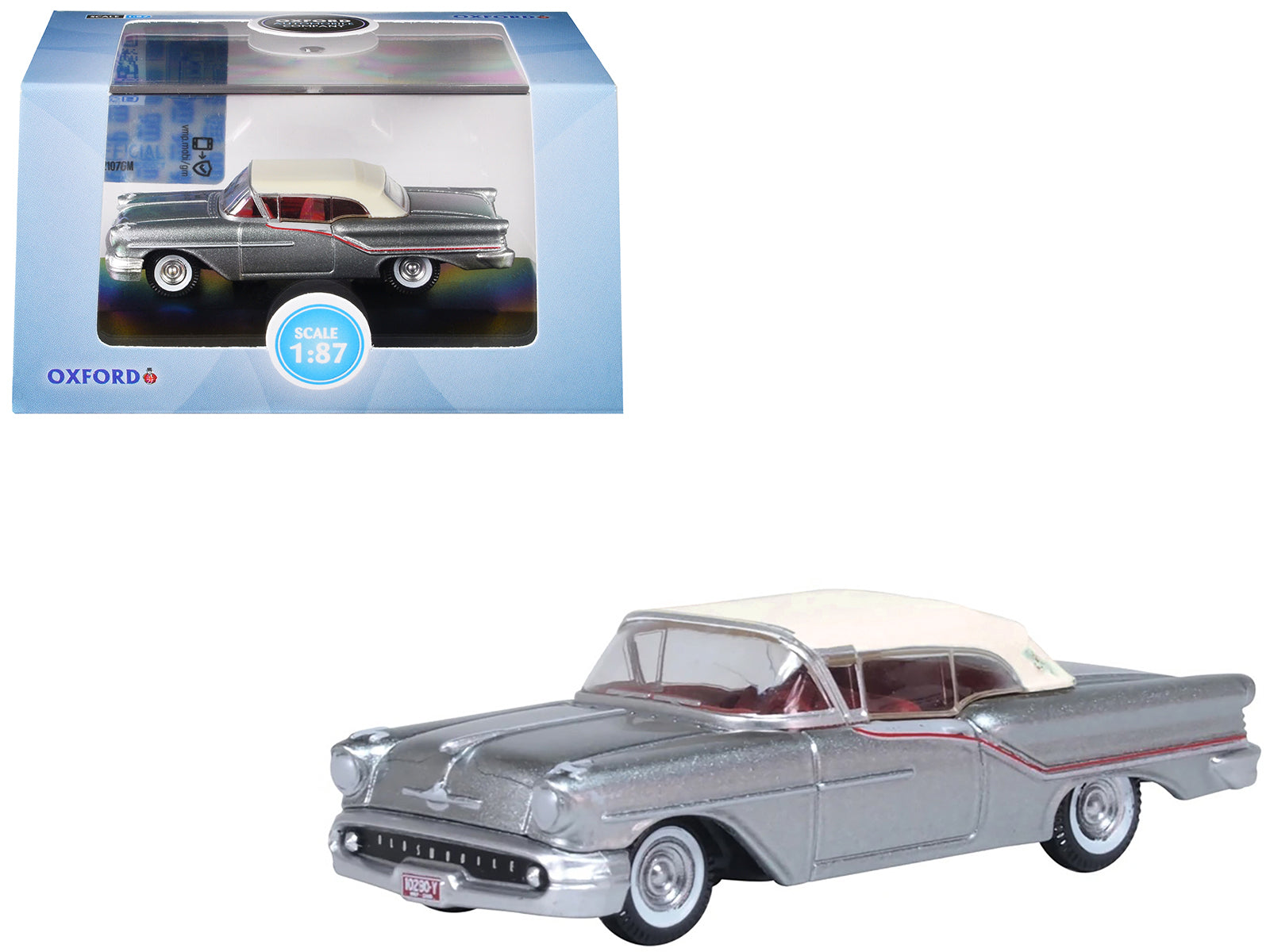 1957 Oldsmobile 88 Convertible (Top-Up) Juneau Gray with White Top and Red Interior 1/87 (HO) Scale Diecast Model Car by Oxford Diecast free shipping USA