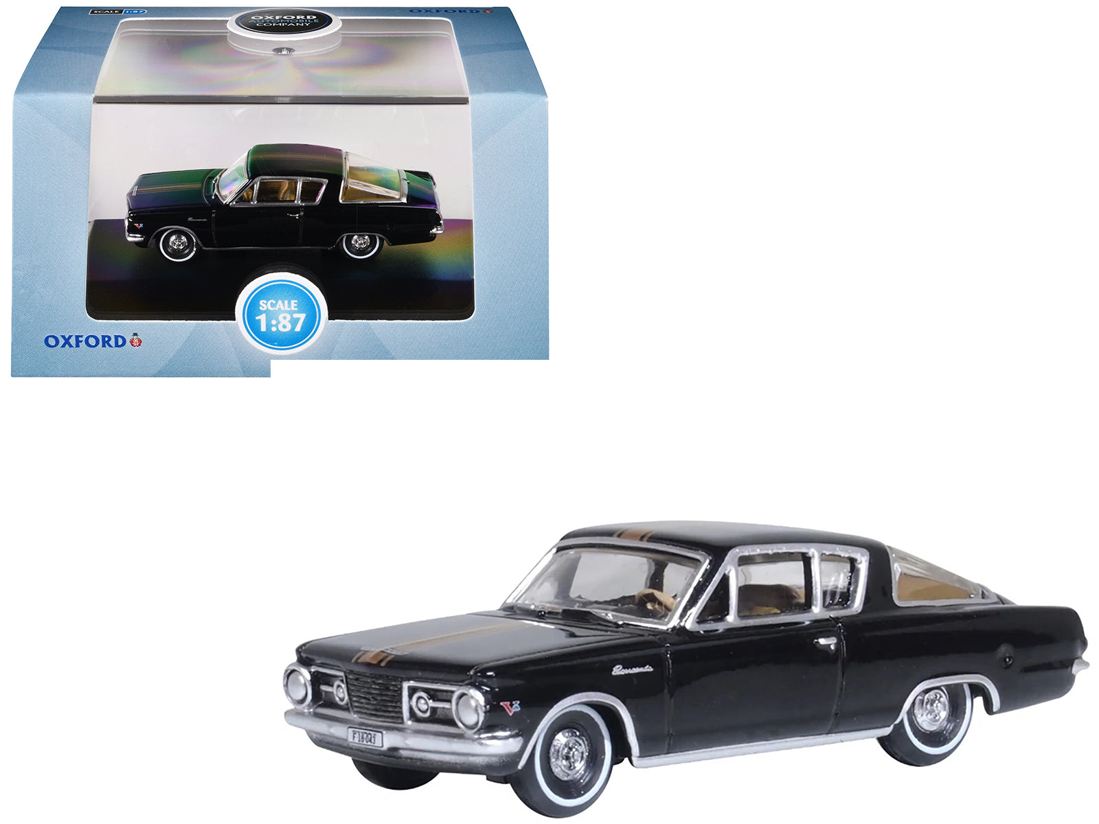 1965 Plymouth Barracuda Black with Gold Stripes 1/87 (HO) Scale Diecast Model Car by Oxford Diecast free shipping USA