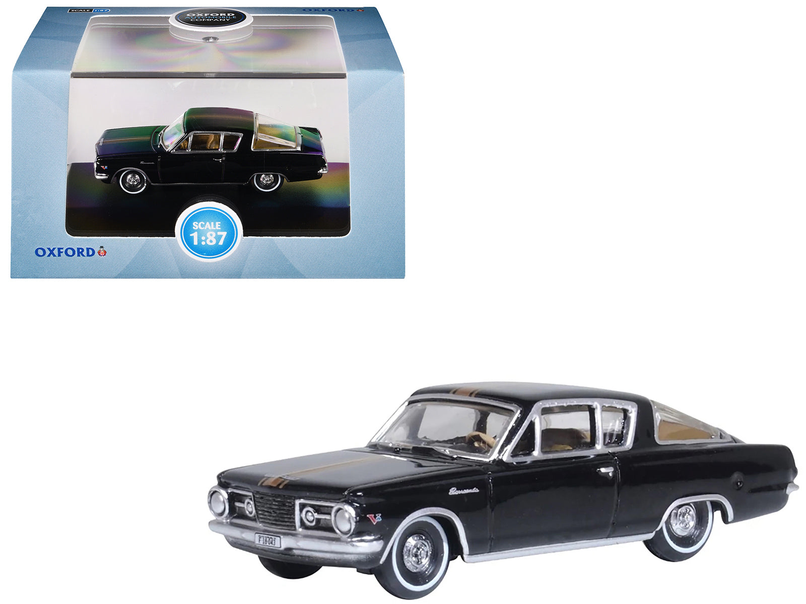 1965 Plymouth Barracuda Black with Gold Stripes 1/87 (HO) Scale Diecast Model Car by Oxford Diecast free shipping USA