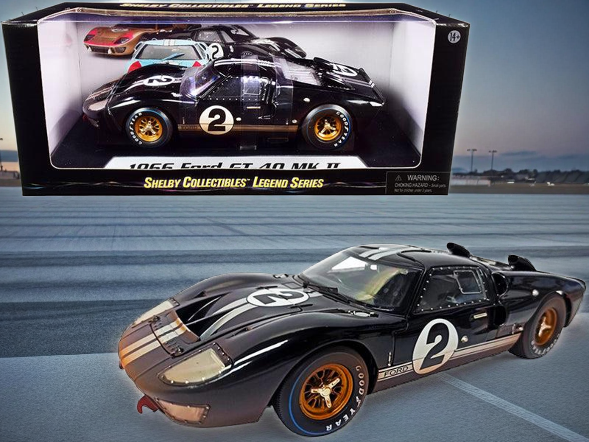 1966 Ford GT-40 MK II #2 Black with Silver Stripes After Race (Dirty Version) 1/18 Diecast Model Car by Shelby Collectibles