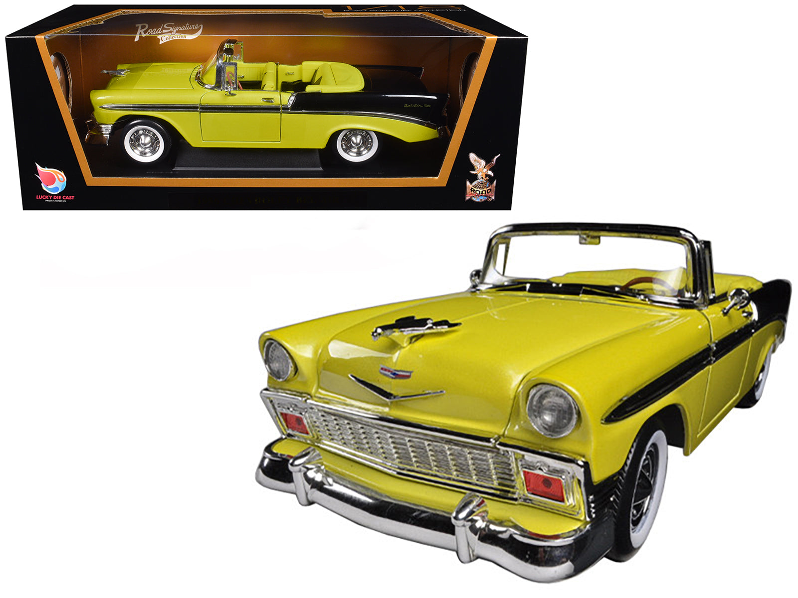 1956 Chevrolet Bel Air Convertible Yellow/Black 1/18 Diecast Car Model by Road Signature free shipping USA