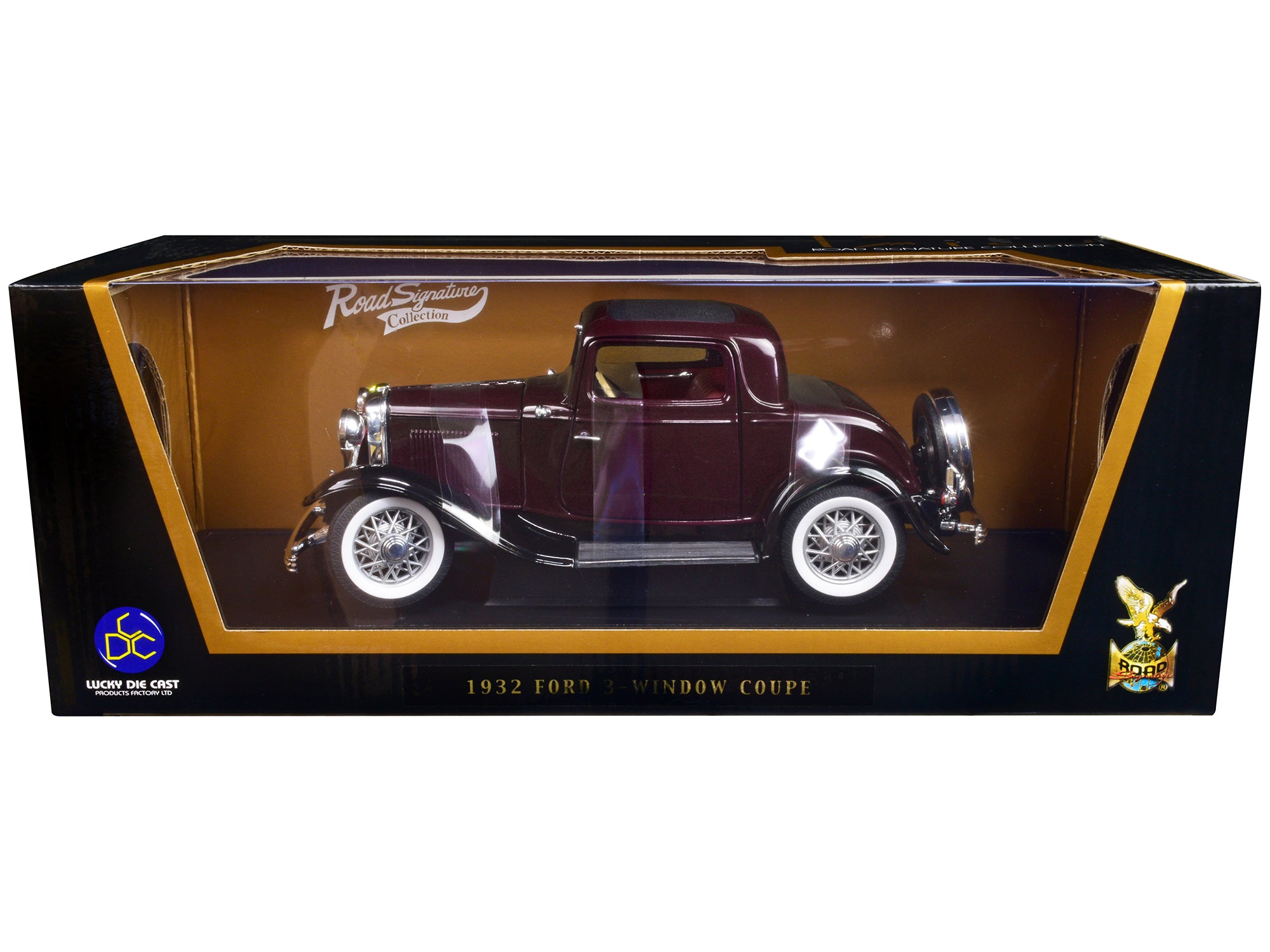 1932 Ford 3-Window Coupe Burgundy with Black Top 1/18 Diecast Model Car by Road Signature free shipping USA