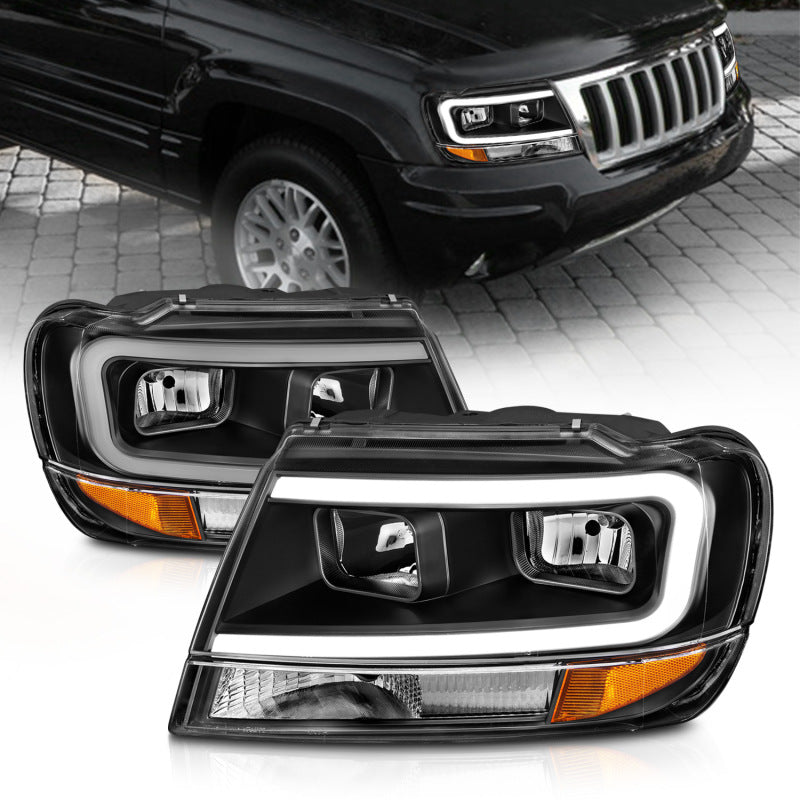 ANZO 99-04 Jeep Grand Cherokee Crystal Headlights - w/ Light Bar Black Housing 111537