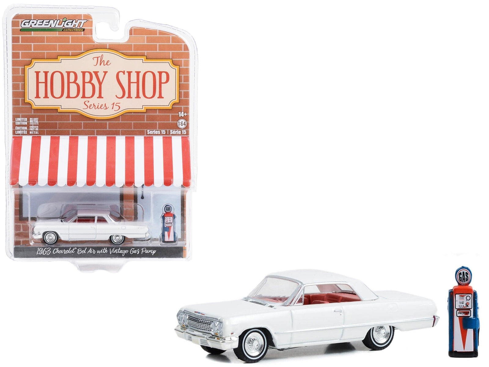 1963 Chevrolet Bel Air White with Orange Interior and Vintage Gas Pump "The Hobby Shop" Series 15 1/64 Diecast Model Car by Greenlight - Premium Gas Pumps Models from Greenlight - Just $23.45! Shop now at Rapidvehicles