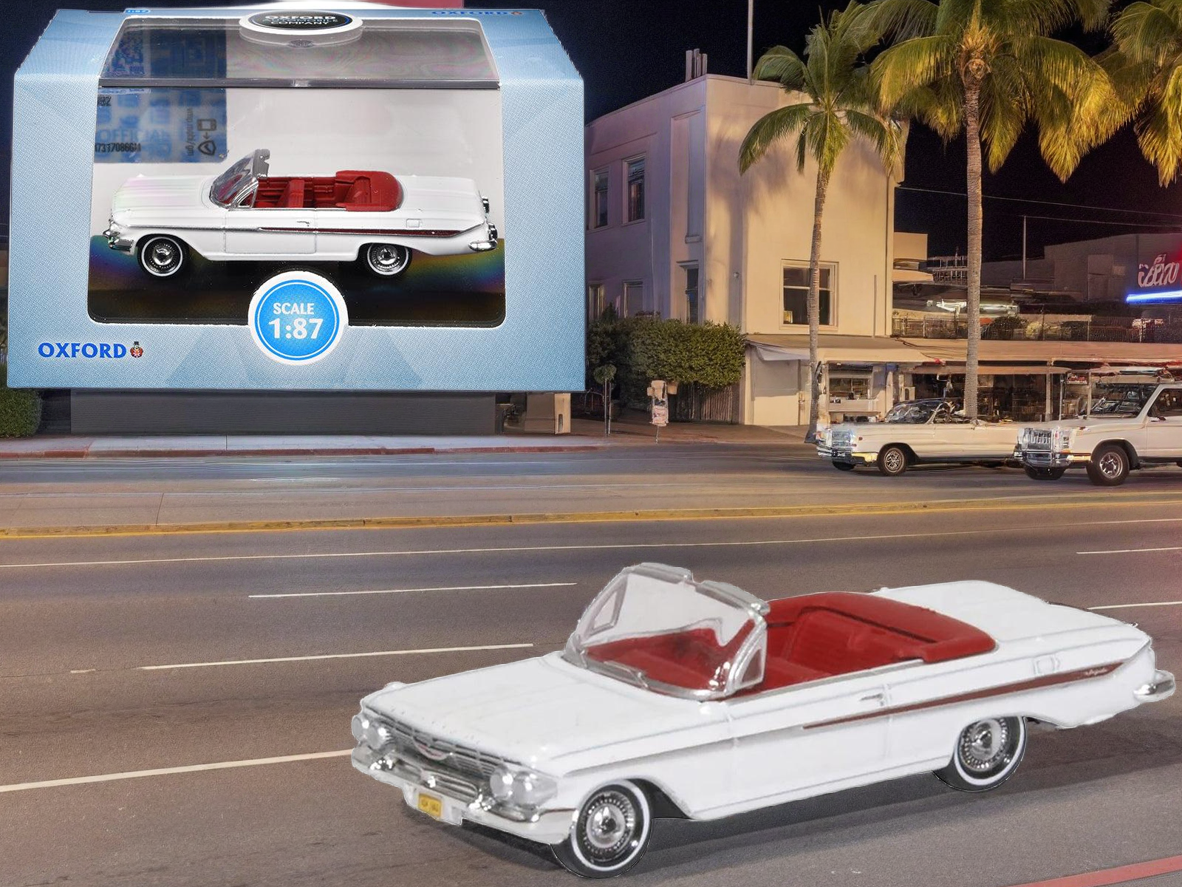 1961 Chevrolet Impala Convertible Ermine White with Roman Red Interior 1/87 (HO) Scale Diecast Model Car by Oxford Diecast