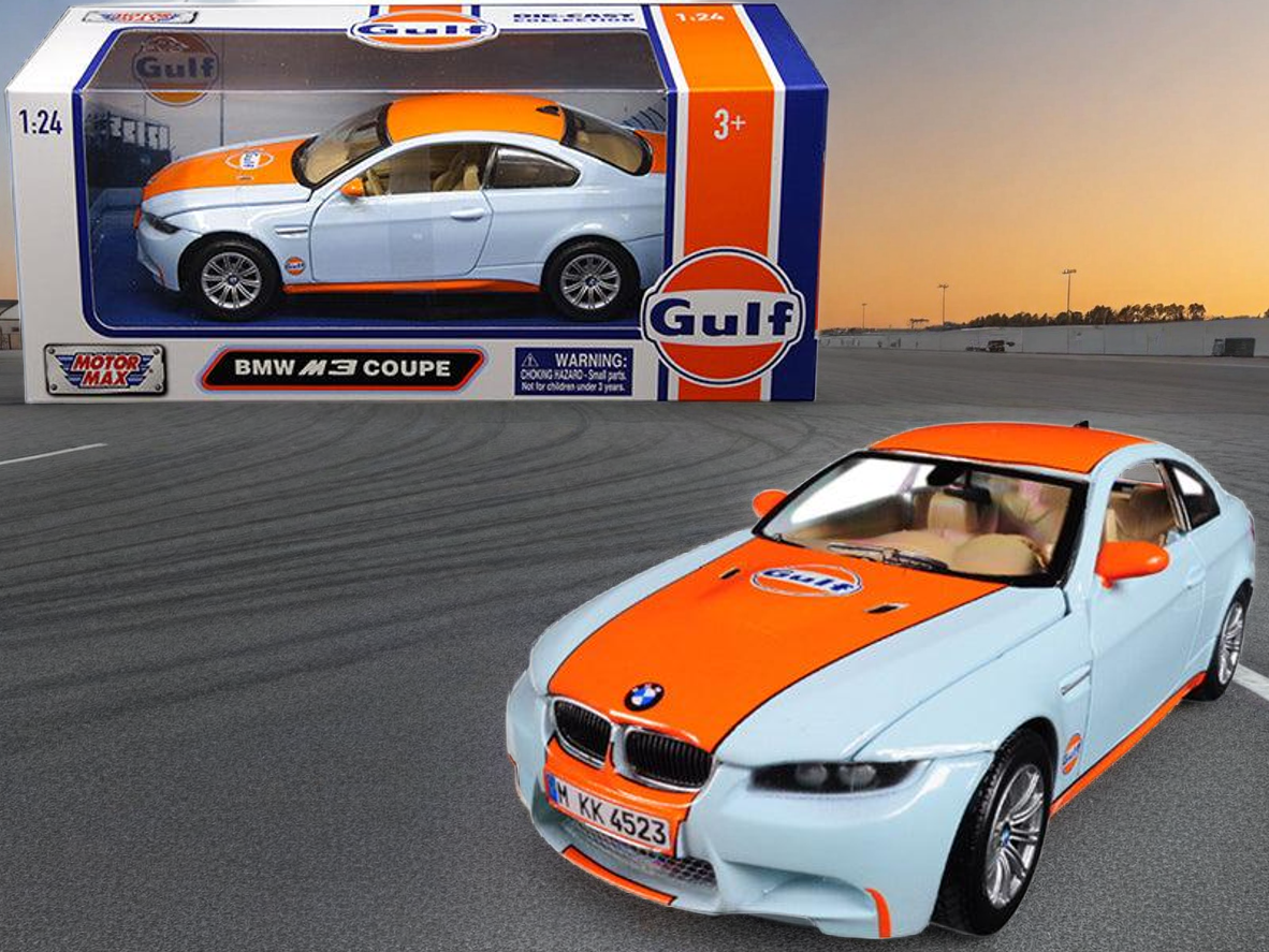 BMW M3 Coupe with "Gulf Oil" Livery Light Blue with Orange Stripe 1/24 Diecast Model Car by Motormax