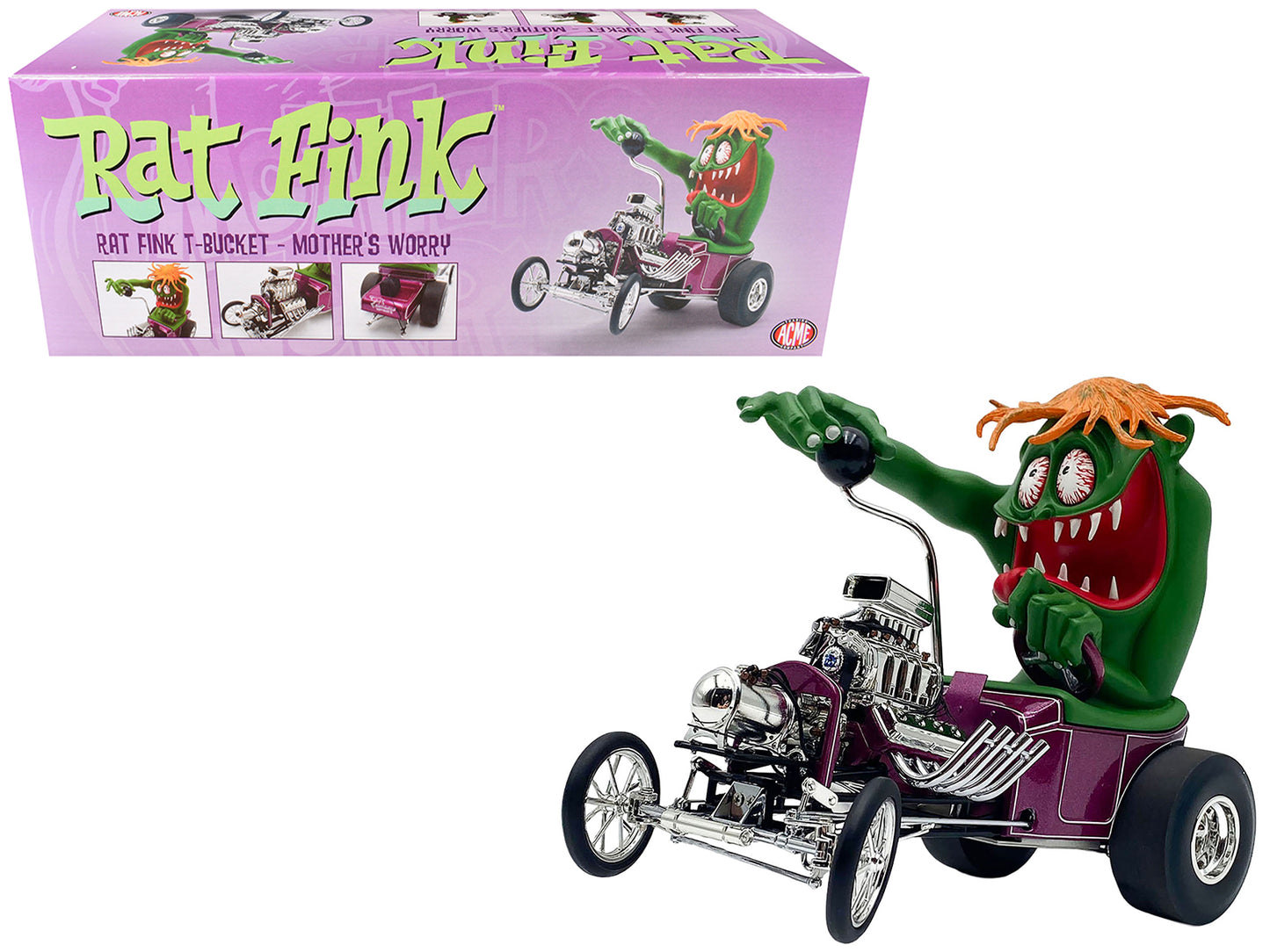Rat Fink T-Bucket "Mother's Worry" Purple Metallic with Figure Limited Edition to 516 pieces Worldwide 1/18 Diecast Model Car by ACME