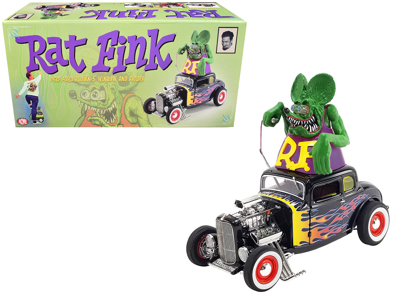 1932 Ford Blown 5 Window Coupe Black with Flames and Rat Fink Figure Limited Edition to 522 pieces Worldwide 1/18 Diecast Model Car by ACME - Premium Ford Models from Acme - Just $168.77! Shop now at Rapidvehicles