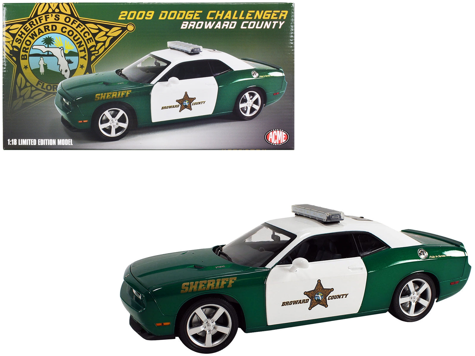 2009 Dodge Challenger R/T Green and White "Broward County Sheriff" Limited Edition to 252 pieces Worldwide 1/18 Diecast Model Car by ACME - Premium Police Models from Acme - Just $155.99! Shop now at Rapidvehicles