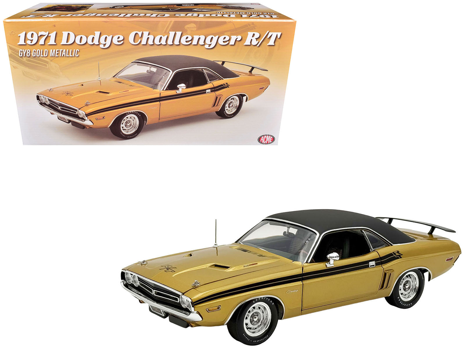 1971 Dodge Challenger R/T GY8 Gold Metallic with Black Stripes and Black Vinyl Top Limited Edition to 360 pieces Worldwide 1/18 Diecast Model Car by ACME free shipping USA