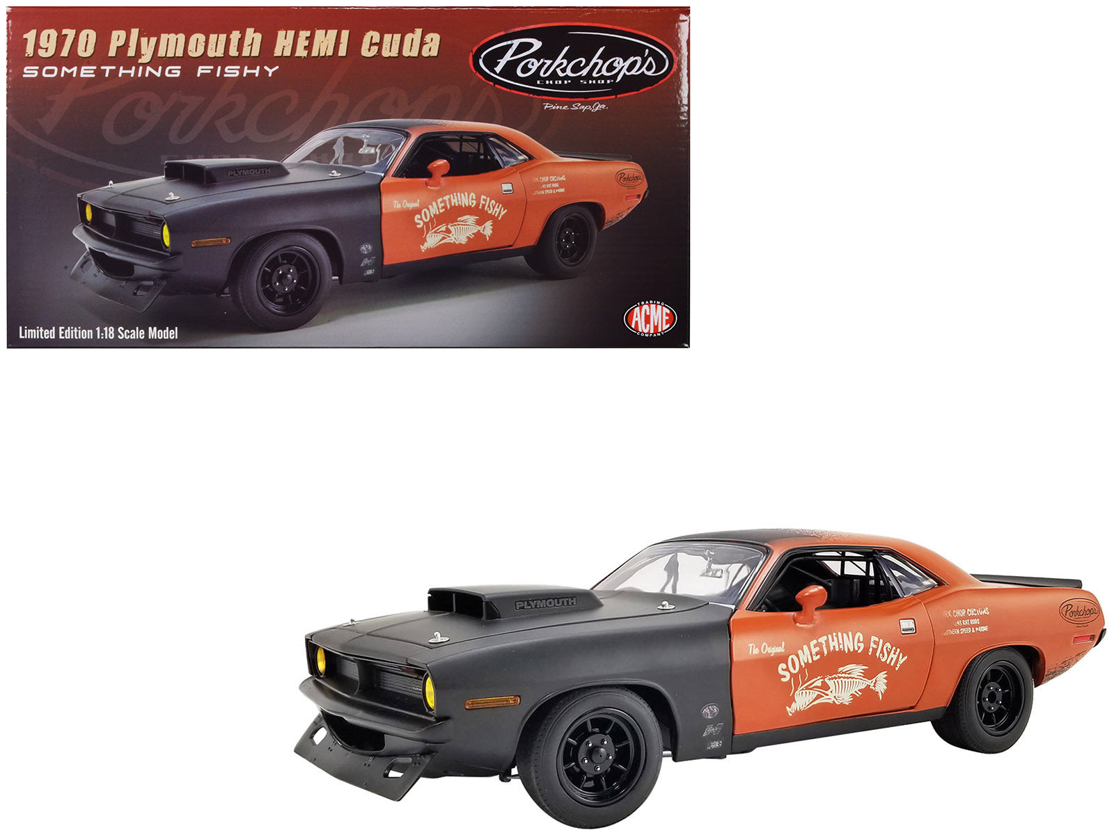 1970 Plymouth HEMI Barracuda Orange and Matt Black "Pork Chop's Something Fishy" Limited Edition to 450 pieces Worldwide 1/18 Diecast Model Car by ACME - Premium Plymouth Models from Acme - Just $141.98! Shop now at Rapidvehicles