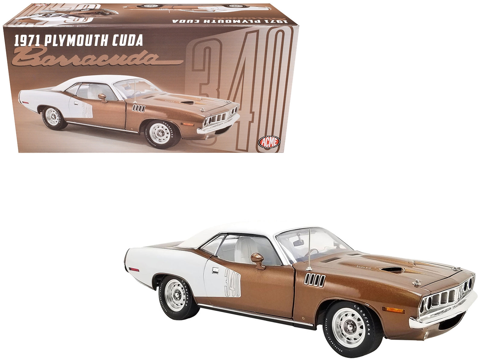 1971 Plymouth Barracuda Tahitian Walnut Metallic and White with White Vinyl Top Limited Edition to 258 pieces Worldwide 1/18 Diecast Model Car by ACME - Premium Plymouth Models from Acme - Just $168.77! Shop now at Rapidvehicles