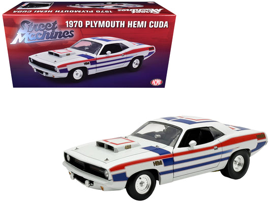 1970 Plymouth HEMI Cuda "Street Machine" White with Red and Blue Stripes Limited Edition to 366 pieces Worldwide 1/18 Diecast Model Car by ACME - Use code SHOPAPP15 to get 15 percent off