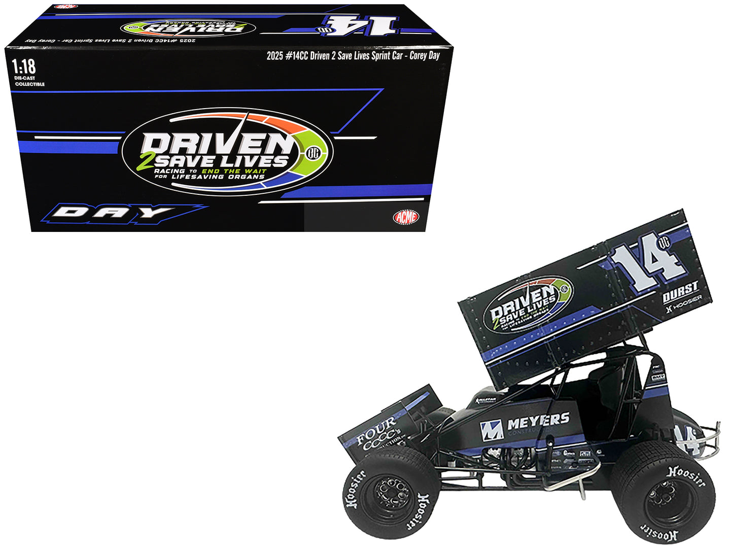 Winged Sprint Car #14CC Corey Day (Blue Version) "Driven 2 Save Lives" Jason Meyers Racing (2025) 1/18 Diecast Model Car by ACME