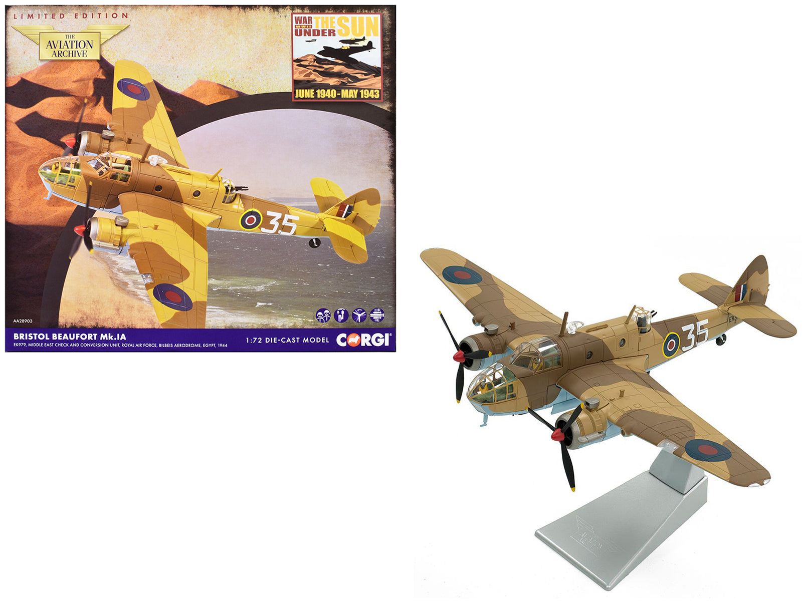 Bristol Beaufort MkIa Bomber Aircraft "EK979 Middle East Check and Conversion Unit" (1944) British Royal Air Force "The Aviation Archive" Series 1/72 Diecast Model by Corgi free shipping USA