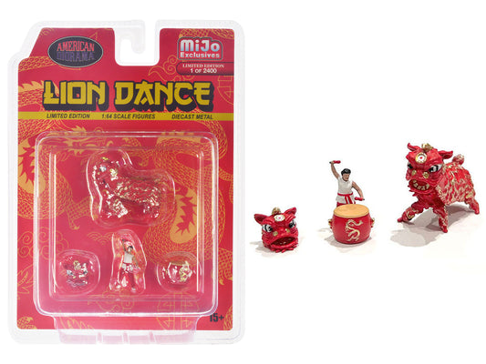 "Lion Dance" 4 piece Diecast Figure Set (1 Figures 1 Lion 2 Accessories) Limited Edition to 2400 pieces Worldwide for 1/64 Scale Models by American Diorama - Use code SHOPAPP15 to get 15 percent off