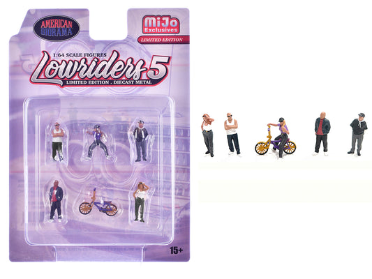 "Lowriders #5" 6 piece (5 People 1 Bicycle) Diecast Figures Set 1/64 Scale Models by American Diorama - Use code SHOPAPP15 to get 15 percent off