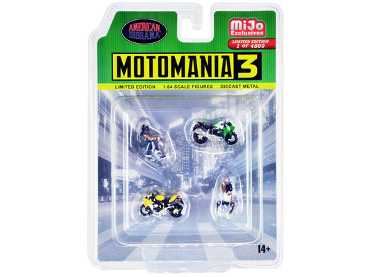 "Motomania 3" 4 piece Diecast Set (2 Figures and 2 Motorcycles) Limited Edition to 4800 pieces Worldwide for 1/64 Scale Models by American Diorama