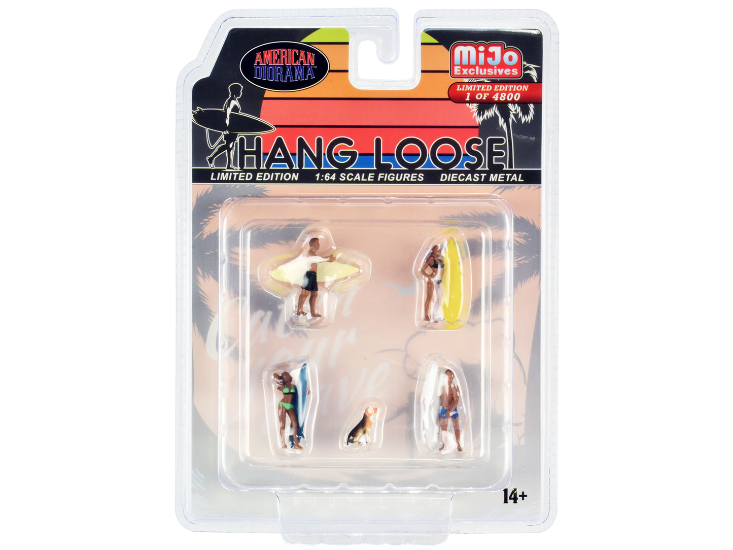 "Hang Loose" 5 piece Diecast Set (4 Surfer Figures and 1 Dog) Limited Edition to 4800 pieces Worldwide for 1/64 Scale Models by American Diorama - Use code SHOPAPP15 to get 15 percent off