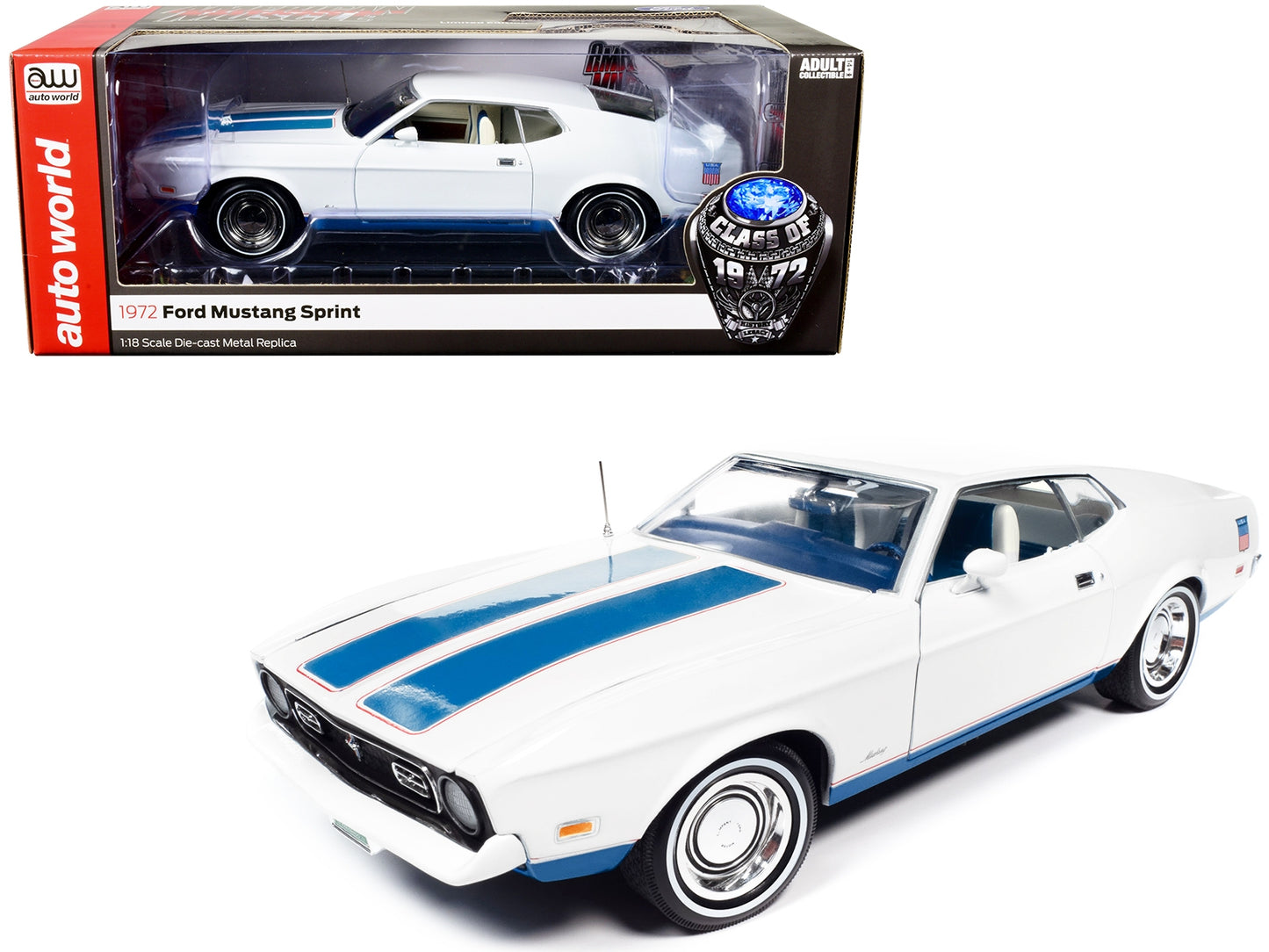 1972 Ford Mustang Sprint White with Blue Stripes "Class of 1972" - Premium Mustang Models from Autoworld - Just $131.39! Shop now at Rapidvehicles