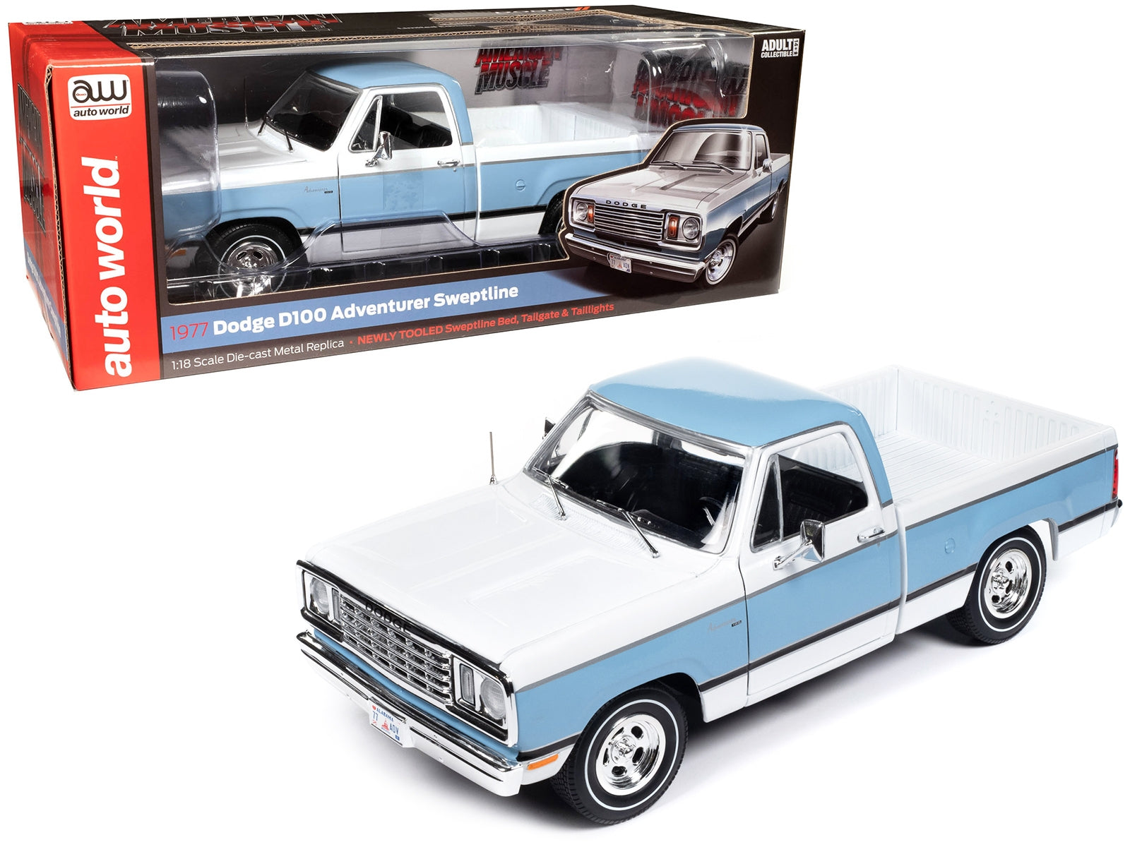 1977 Dodge D100 Adventurer Sweptline Pickup Truck Light Blue and White "American Muscle" Series 1/18 Diecast Model Car by Auto World - Premium Pickup Trucks Models from Autoworld - Just $120.99! Shop now at Rapidvehicles