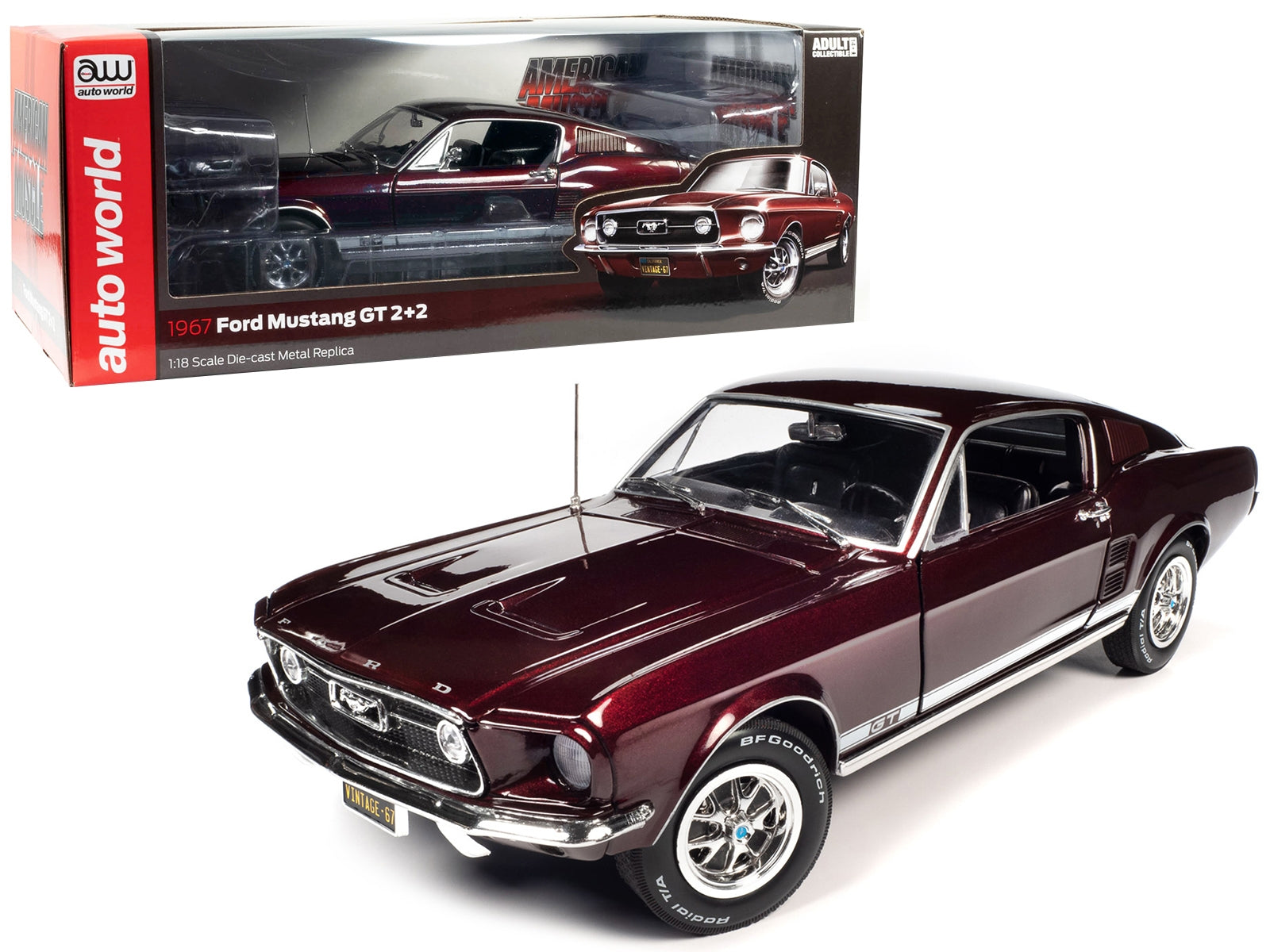 1967 Ford Mustang GT 2+2 Burgundy Metallic with White Side Stripes "American Muscle" Series 1/18 Diecast Model Car by Auto World - Premium Mustang Models from Autoworld - Just $120.04! Shop now at Rapidvehicles