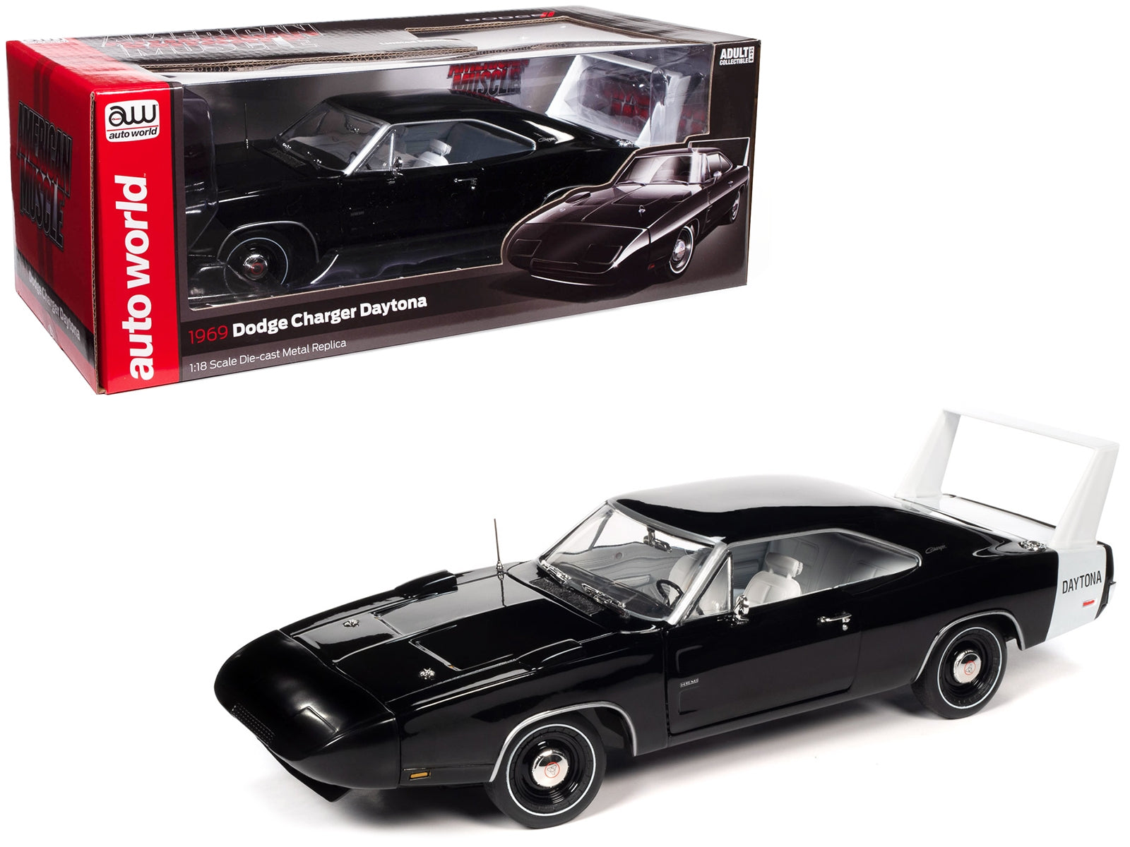 1969 Dodge Charger Daytona X9 Black with White Interior and Tail Stripe "American Muscle" Series 1/18 Diecast Model Car by Auto World - Premium Dodge Models from Autoworld - Just $120.04! Shop now at Rapidvehicles